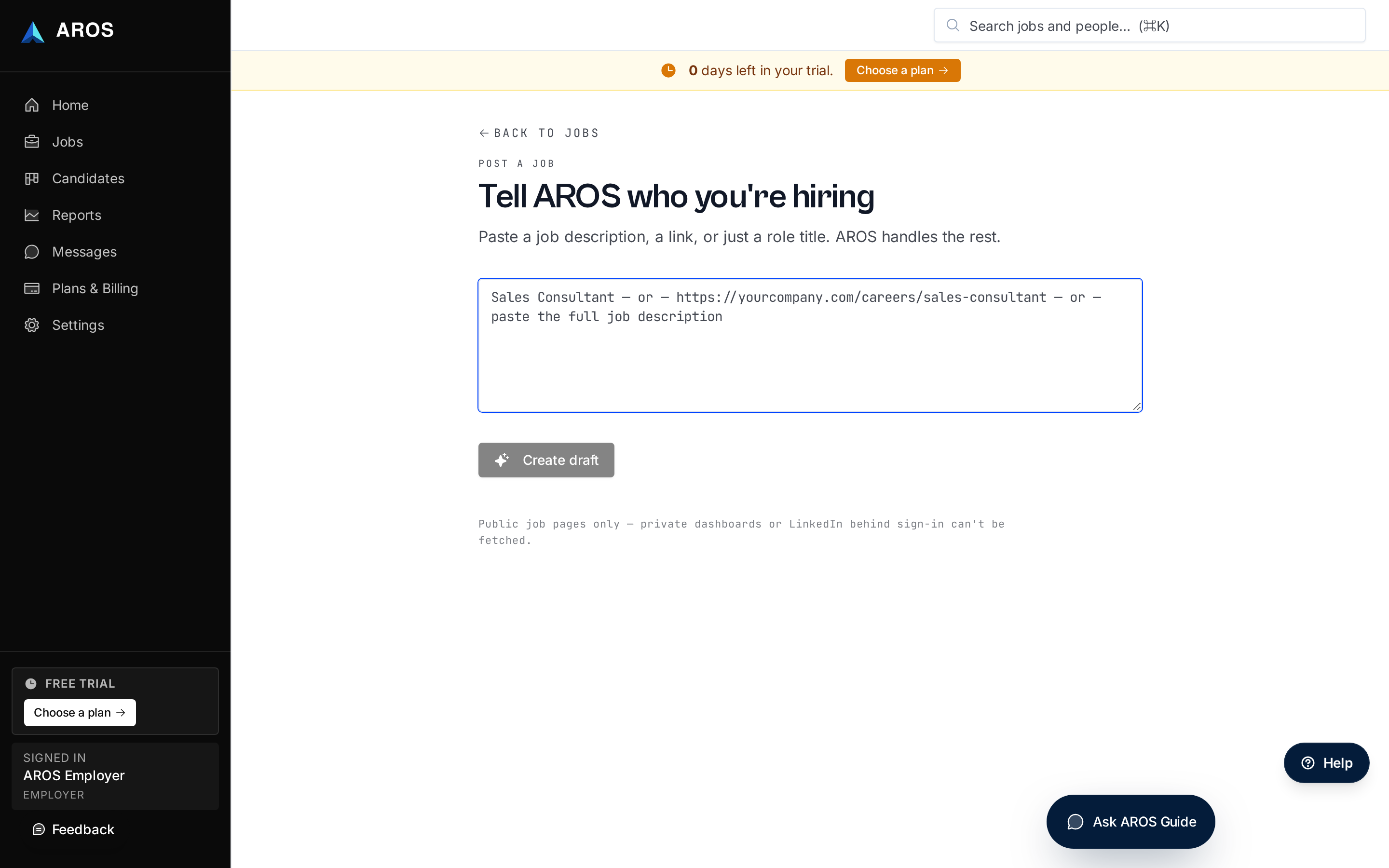 AROS job creation screen showing fields for role title, team, location, employment type, responsibilities and requirements.