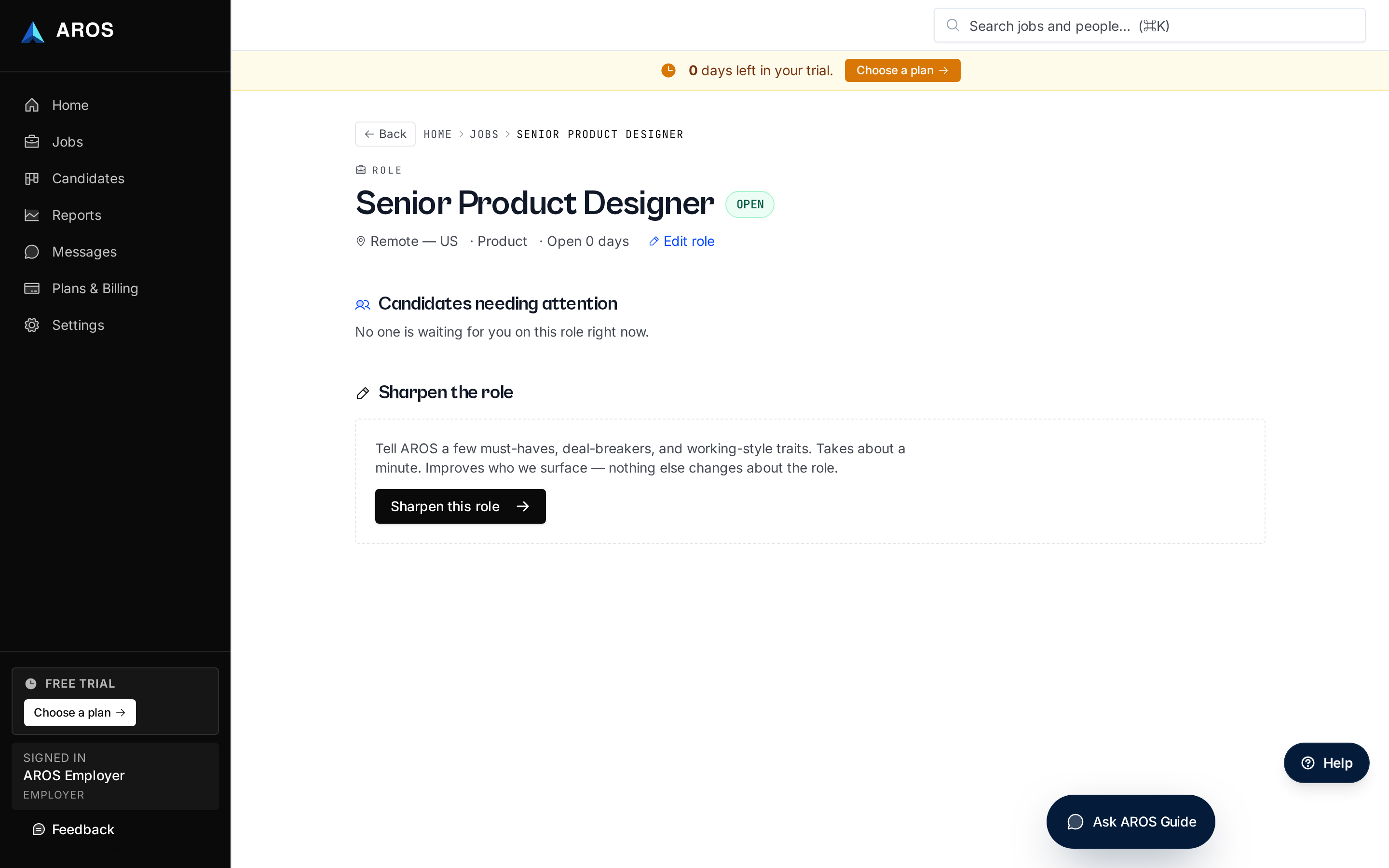 AROS job publish screen showing the public job link, status indicator, and share options.