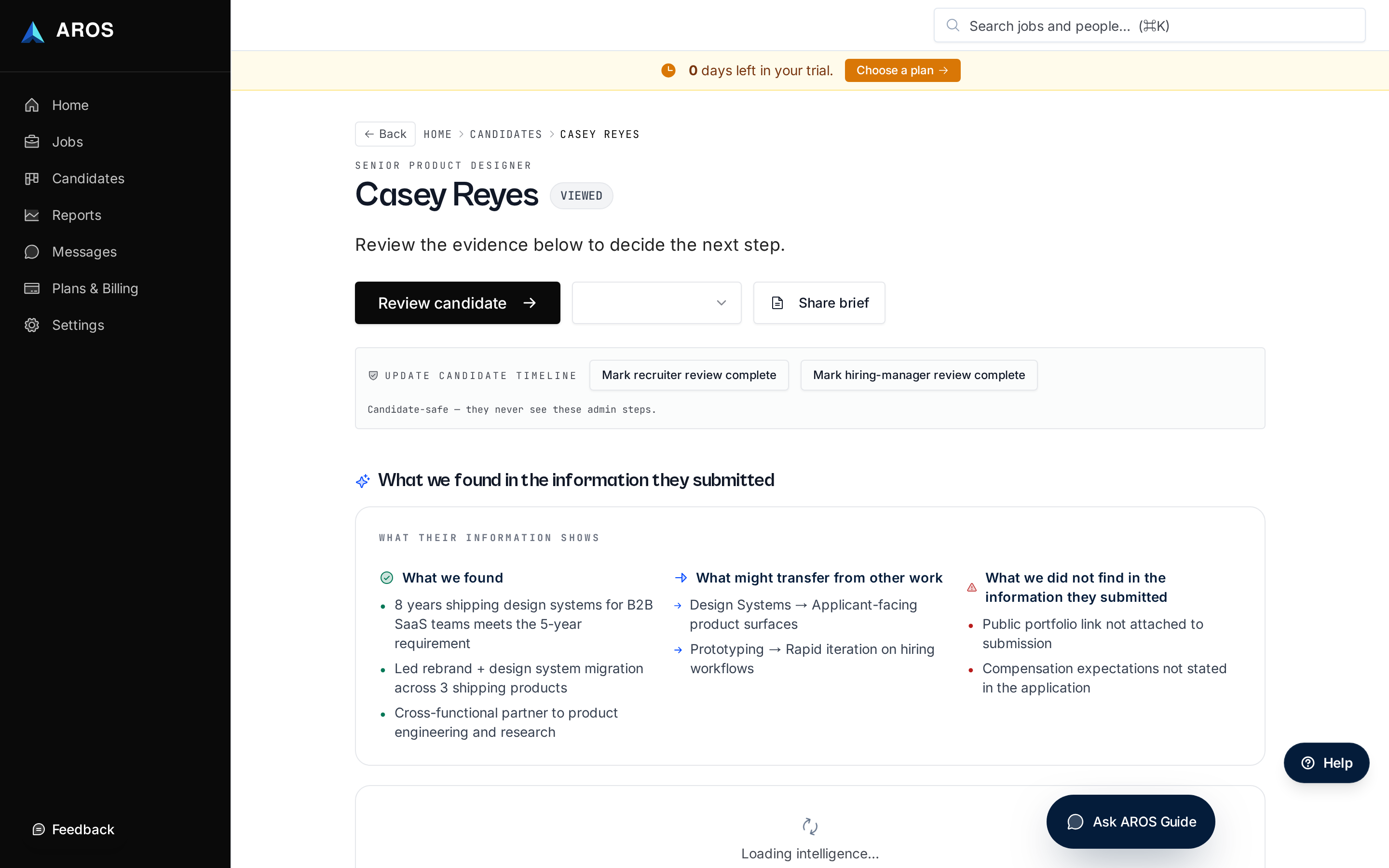 AROS candidate profile page showing résumé preview, application history, notes, and evaluation panel.