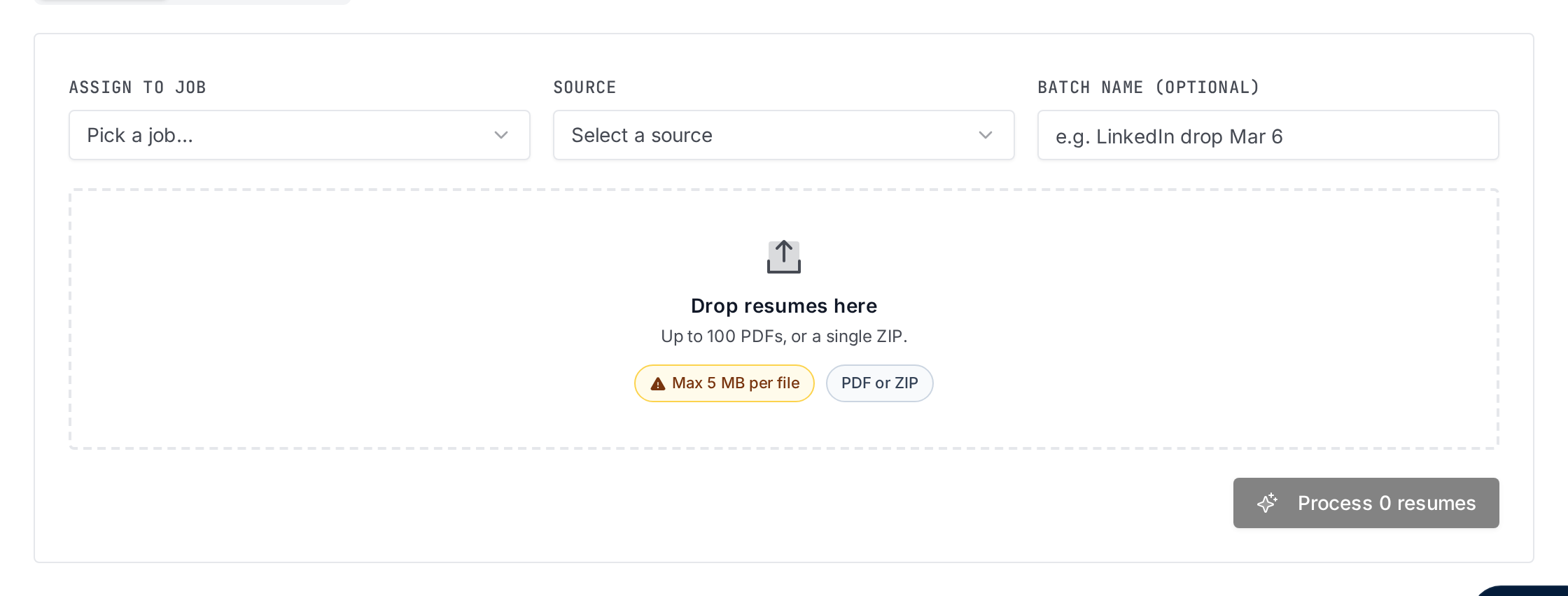 AROS resume import screen for adding a candidate