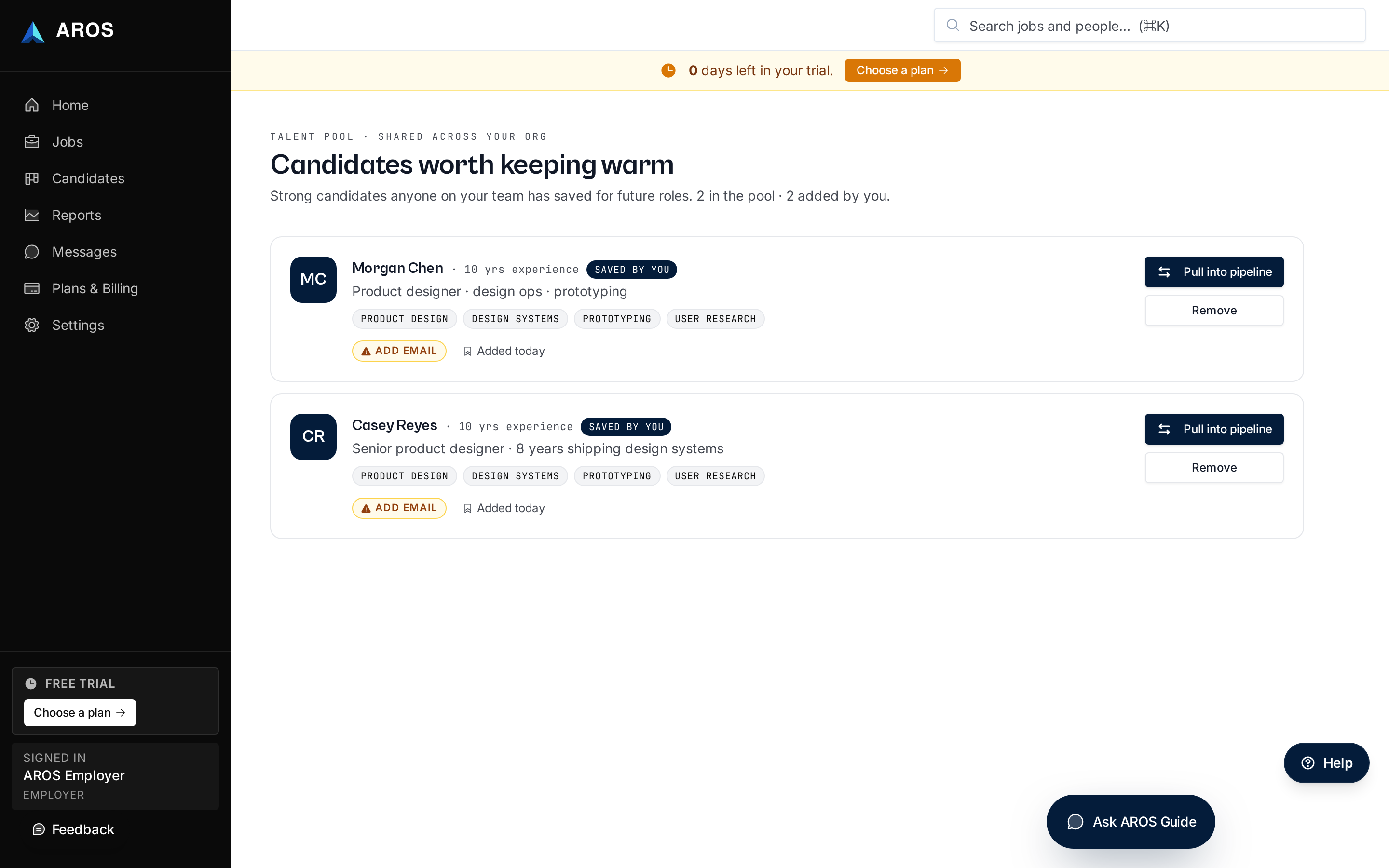 AROS Talent Pool view listing two fictional candidates saved by the hiring team — each row shows the candidate name, headline, years of experience, skills, and a Pull into pipeline action.