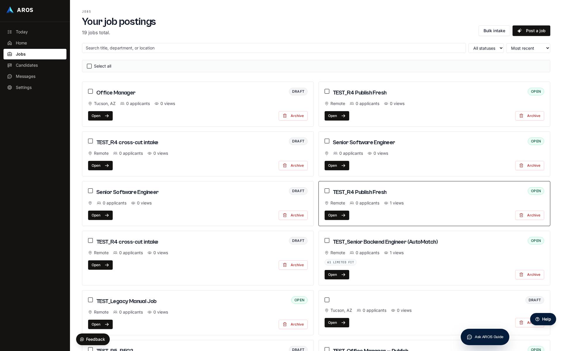 AROS Jobs list — real product screenshot of the shipped Jobs surface.